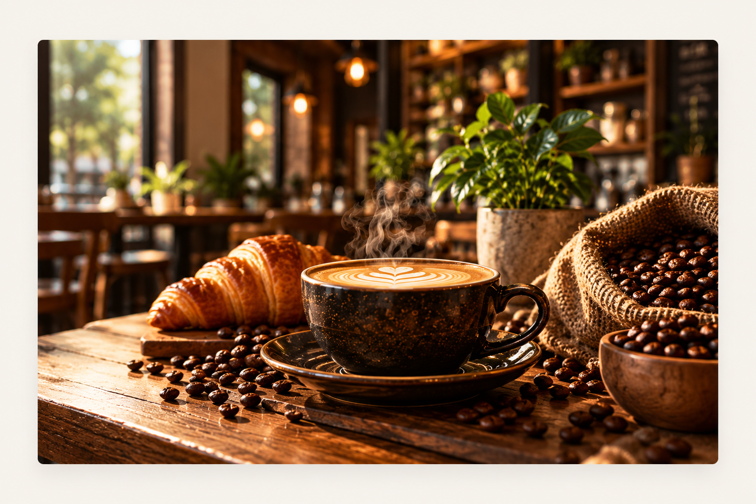 Café latte y croissant en Urban Coffee